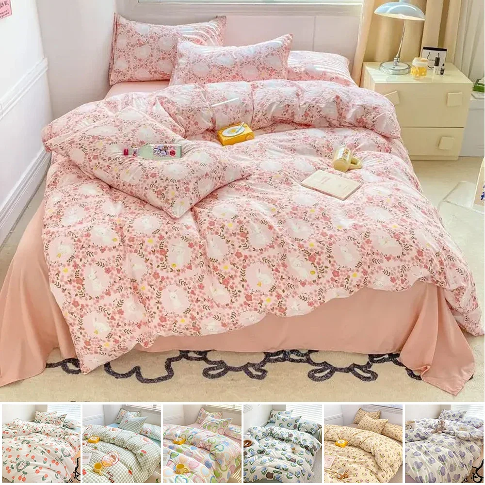 

Simple Flower Printed Bed Duvet Cover Washed Cotton Floral Bed Comforter Single/Double Size Women Kids Girls Bedroom Decorative