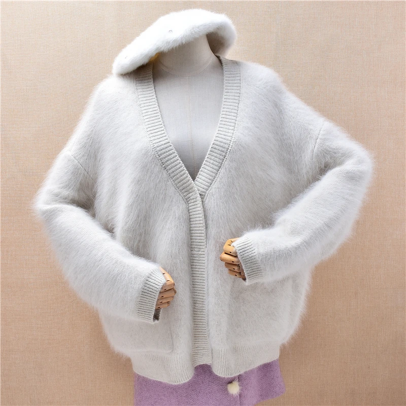 

Elegant Fashion Ladies Women Beige Fashion Hairy Mink Cashmere Knitted V-Neck Long Sleeves Loose Cardigans Sweater Coat Jacket