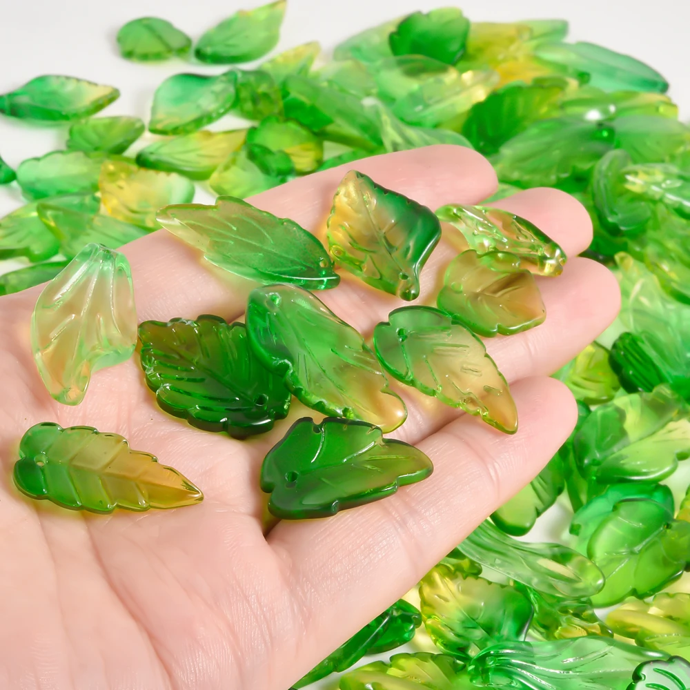

10pcs/lot Glass leaves green small fresh leaves beads charm pendant jewelry making crafts DIY earrings necklaces materials bulk