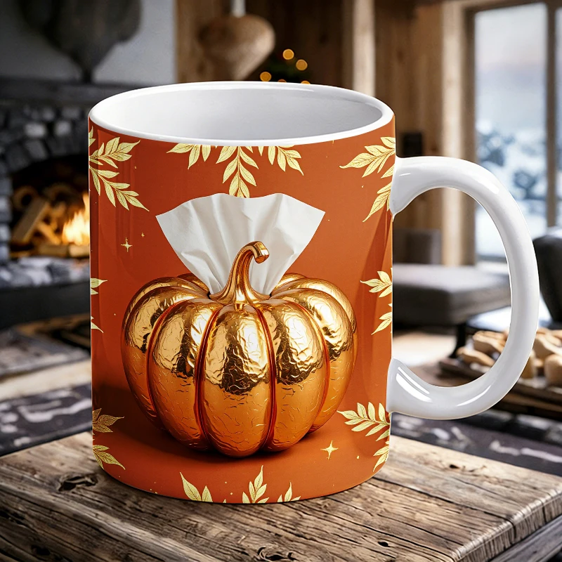 

Luxury Gold Pumpkin Mug Fall Halloween Thanksgiving Coffee Cup Orange Gold Leaf Ceramic Water Cup for Halloween Gift Friends
