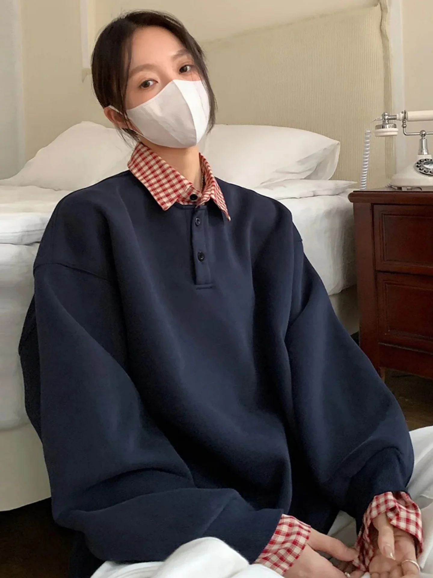 

Plaid Patchwork Fake Two-Piece Sweatirt Men's Design irt Collar Jaet Loose Couple Tops Autumn New Faion Trendy