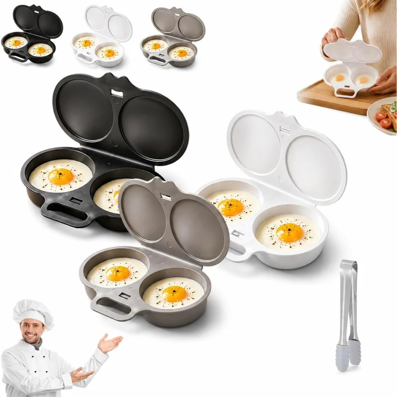 Portable 2‑Hole Microwave Egg Poacher Cooker Grey Plastic Egg Steaming Frying Mold With Lid Handle Quick Breakfast Egg Container