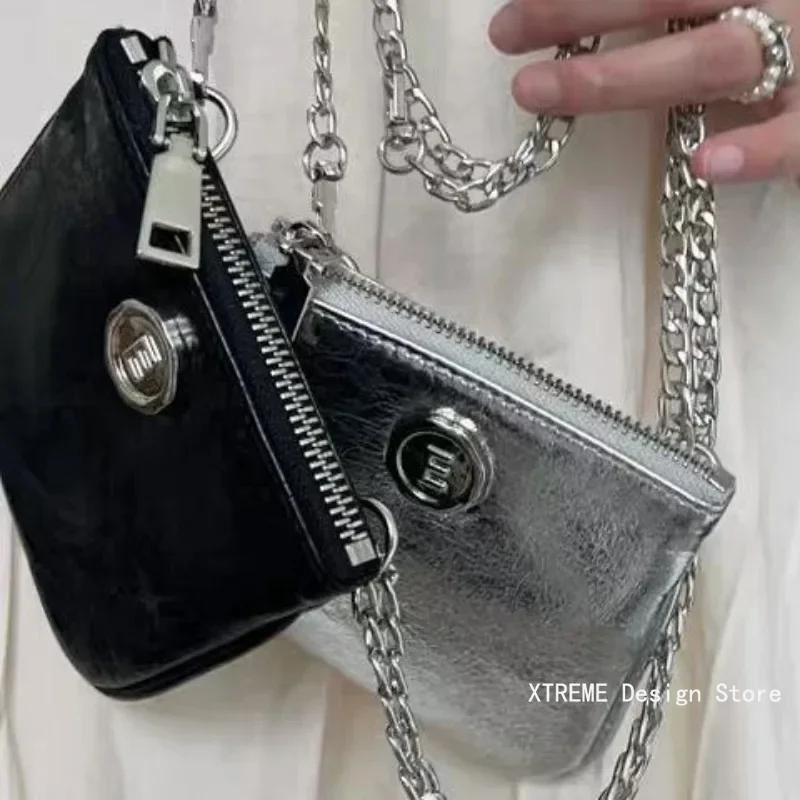 Korean Fashion Mini Shoulder Bags PU Black Silver Zipper Cross Body Bag for Women Lipstick ID Credit Card Money Storage Bags