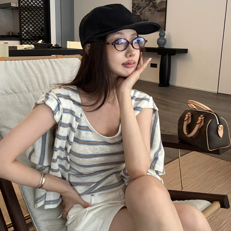 

Дизайнерский полосатый тонкий кардиган с длинными рукавами, женский летний жилет с круглым вырезом, топ, костюм из двух предметов