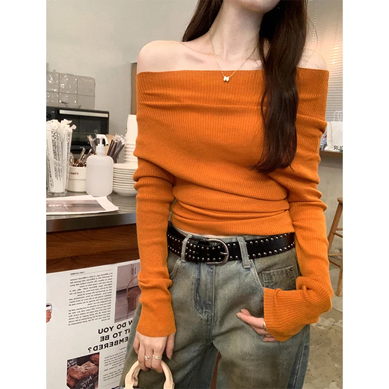 Slash Neck Sweater Women Fashion Sexy Off Shoulder Black Knitted Pullovers Korean Long Sleeve Knitwear Fall Winter Slim Jumpers