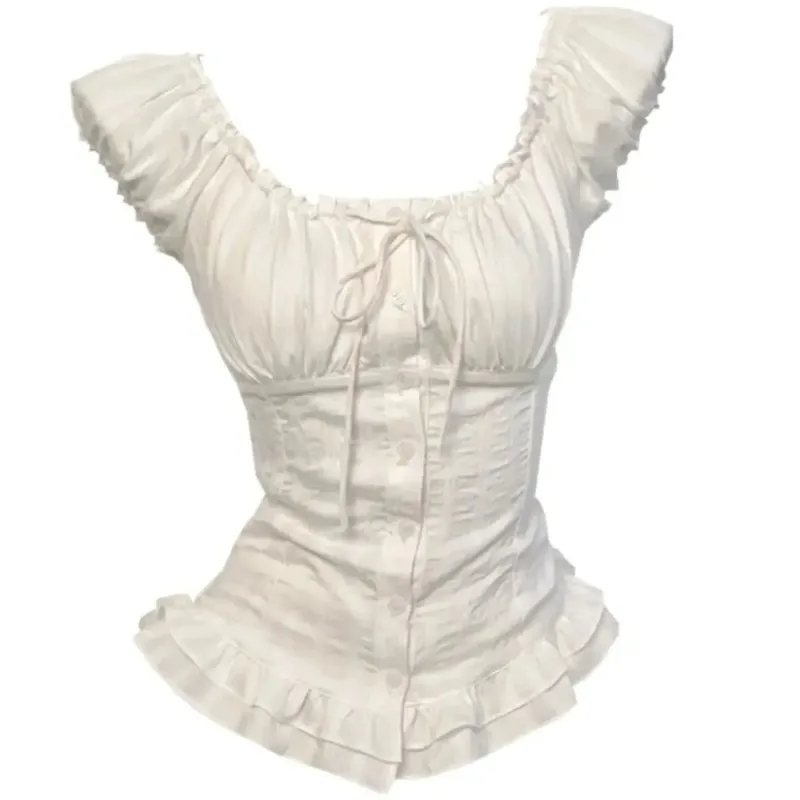 Sweet Hot Girl Puur Sexy Vierkante Hals Vetershirt Dames Zomer Geplooide Bubble Mouw Slim Fit Top Mode Dameskleding