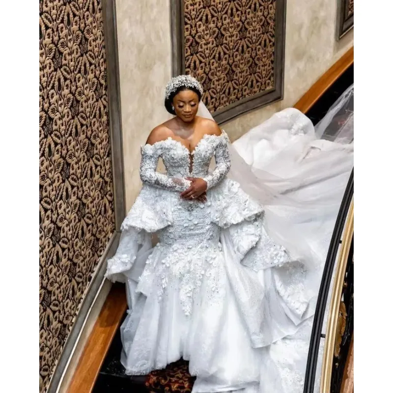 

Customized Plus Size African Mermaid Wedding Dresses With Detachable Train Arabic Aso Ebi Beaded Floral Ruffles Long Sleeve Brid