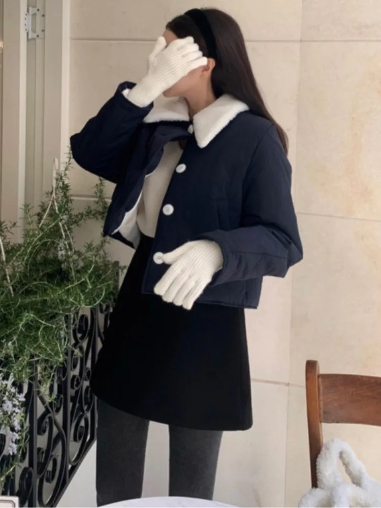 

Retro Color Blo Fur Collar Versatile ort Cotton Jaet Women's Loose Fit Winter New Sle Single Button Korean Sle Top