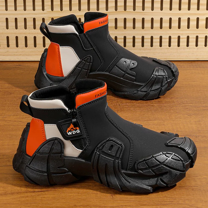 

Men's Black Orange Contrast Chunky Sole Ankle Boots Slip-On Tactical Outdoor Hiking Shoes Non-Slip Comfortable Work Footwear