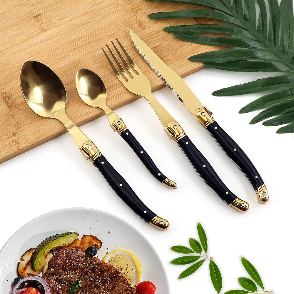 4pcs/Set Stainless Steel Flatware Set Black Plastic Handle Steak Knife Fork Spoon Teaspoon Dinnerware Cutlery Set