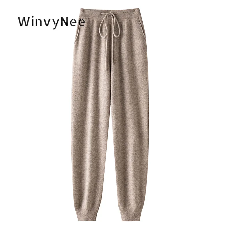 WinvyNee Women 100% Pure Wool Jogger Pants Autumn Winter High Waist Trousers With Pockets Slim Belt Warm Casual Bottom ZD1503001