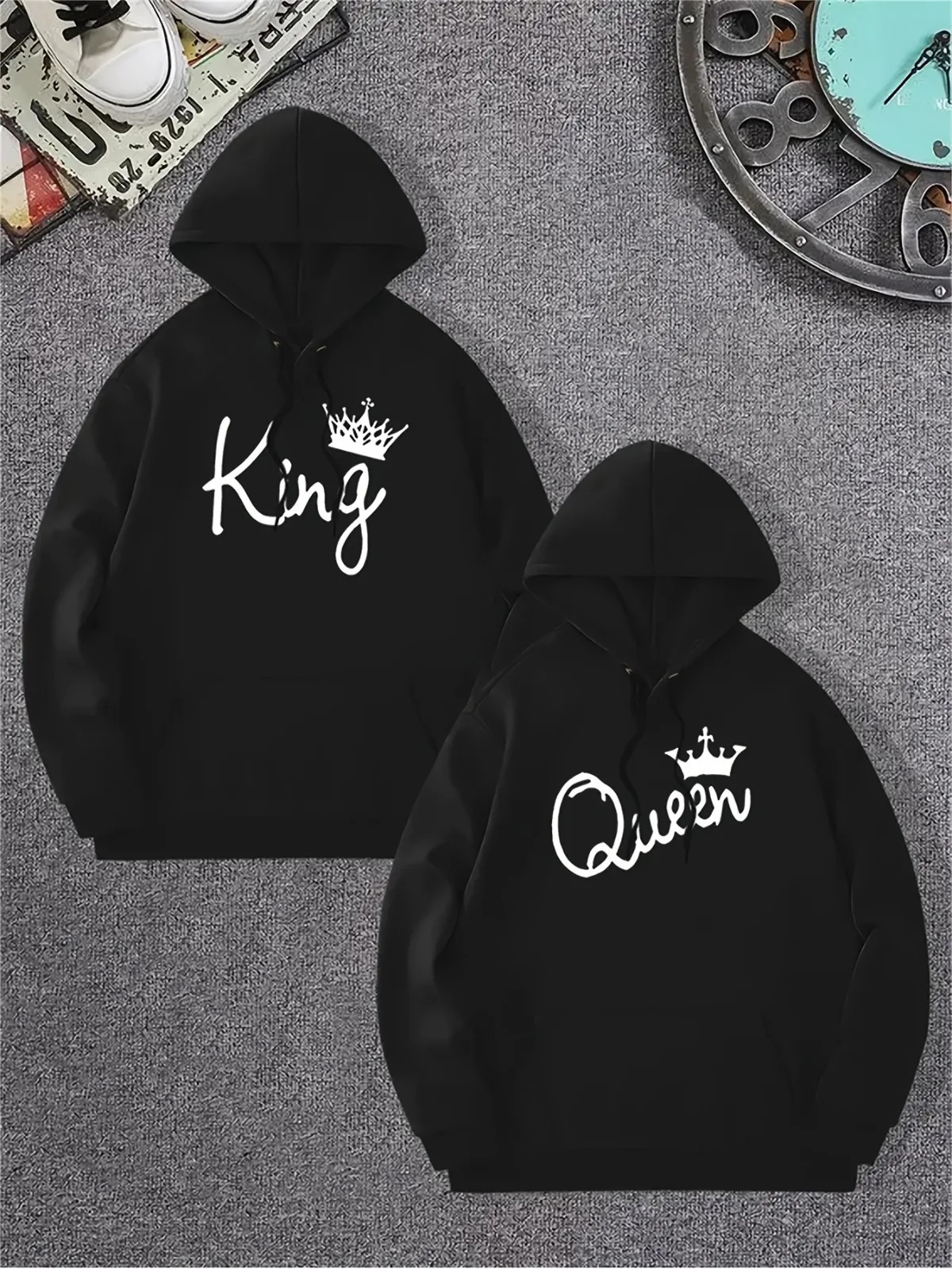 

1 шт. [парный стиль] король и королева с буквенным узором, одинаковый дизайн, толстовка с капюшоном для пары, удобный подарочный свитшот, пуловер