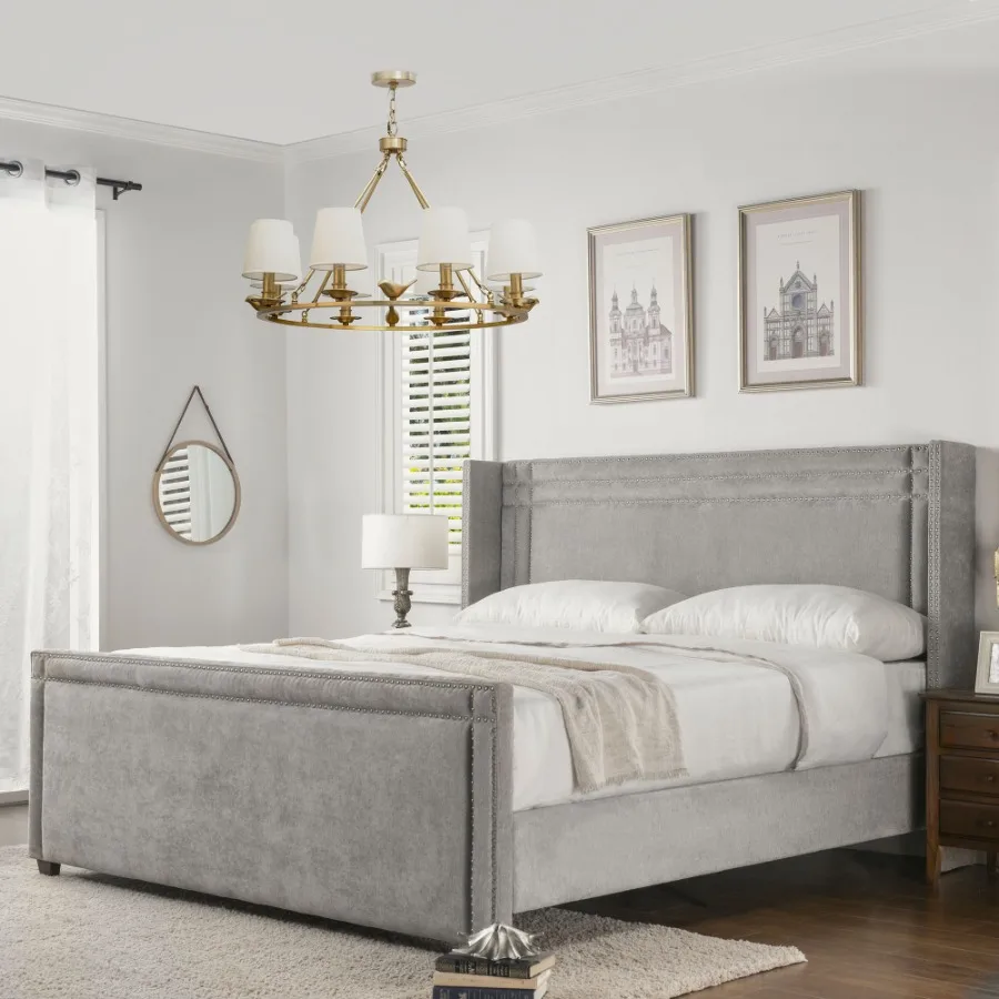 Elle Wingback Upholstered King Bed Silver Grey Polyester