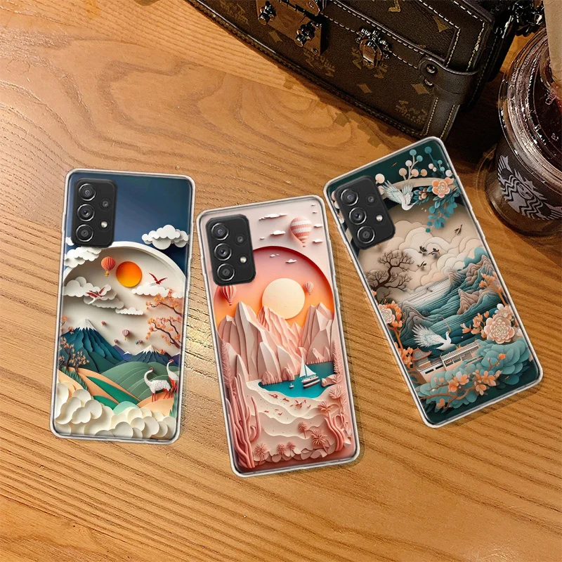 Paper Cuttings Mountains and Rivers Phone Case For Galaxy S23 S20 FE S21 Plus Samsung S24 S22 Ultra TPU Pattern S10 S10E S9 S8 C