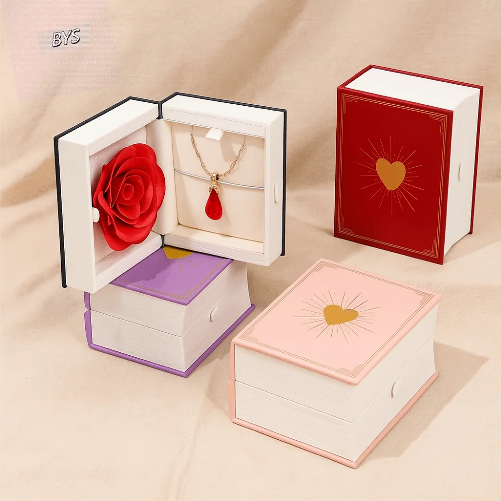 

Plastic Book Shape Ring Box Romantic Jewelry Packaging Jewelry Display Case with Soap Rose Gifts Package Box Valentine's Day
