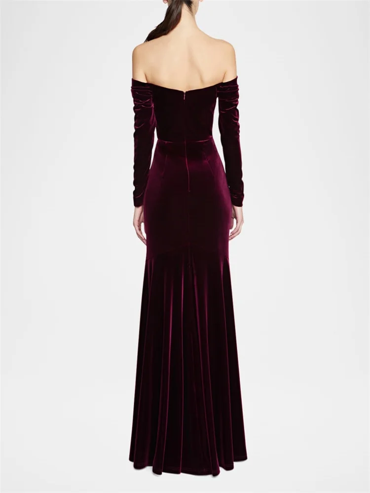 Customized Off Shoulder Neckline Long Sleeves A-Line Velvet Evening Dress Elegant Open Back Zipper Floor Length Gown For Women