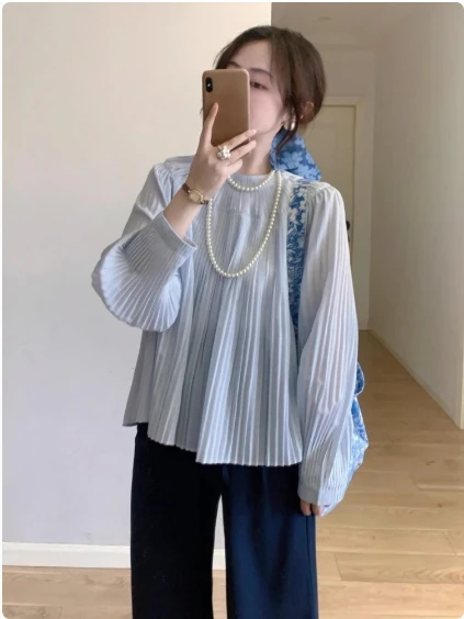 

Pastel Blue Accordion Pleat round Ne Long Sve irt Women's Commute Unique Beautiful Design Top Polyester Fiber 2025 Spring