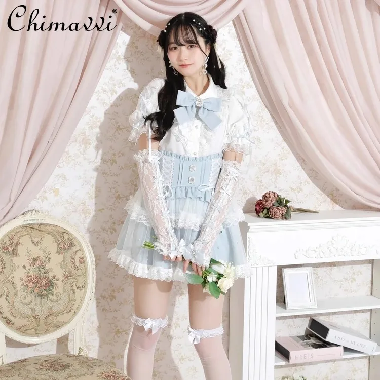 2025 ฤดูร้อนใหม่ญี่ปุ่นMineลูกไม้น่ารักโบว์แขนสาวหวานผู้หญิงCos Rhinestoneโบว์ลูกไม้Oversleeve Lolita Handwear