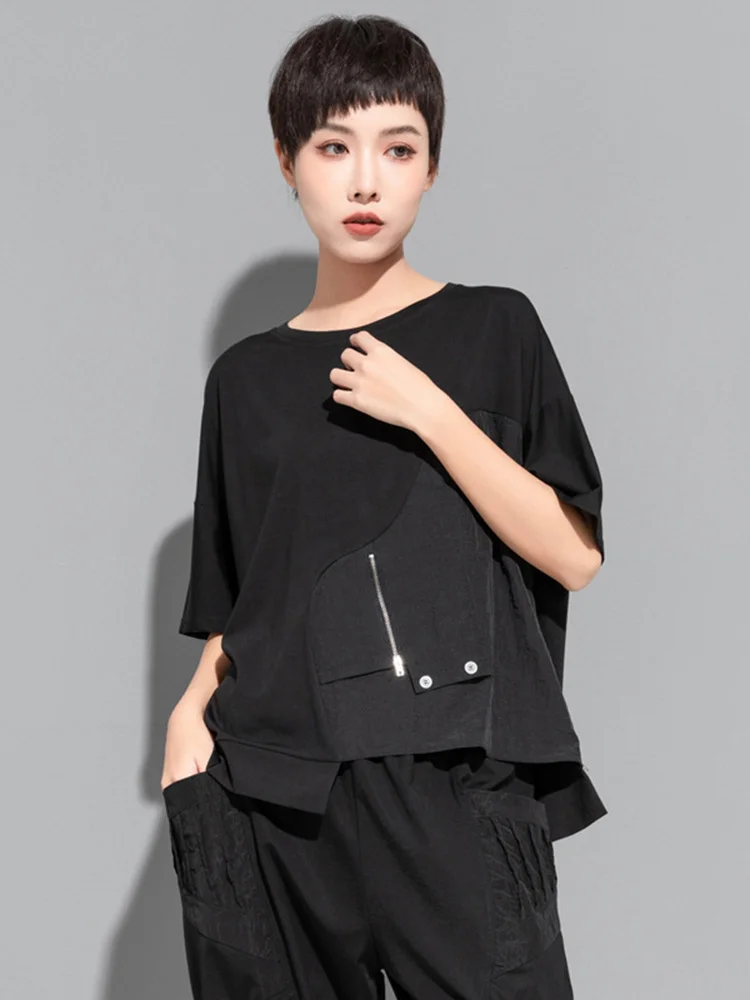 Women Black Irregular Casual Big Size T-shirt New Round Neck Short Sleeve Fashion Tide Spring Summer