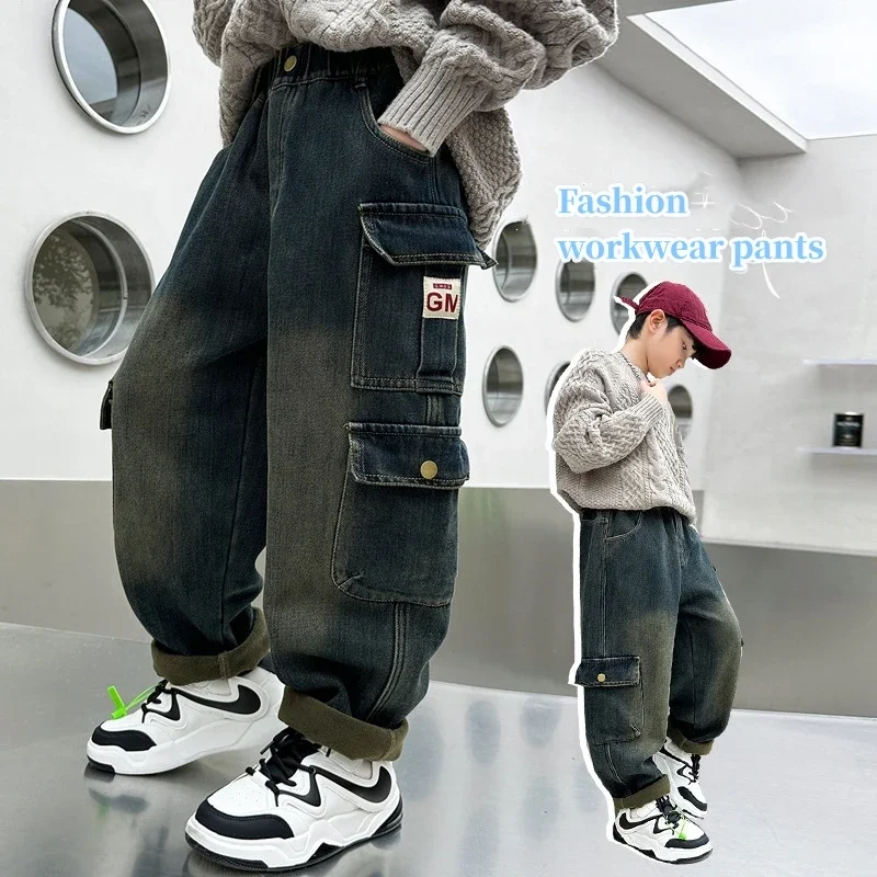 Boy Pants 2023 New Winter Fleece Padded Jeans Handsome Stretch Overalls for 8-12 Years Old Boys Fashion Warm All-Matching Pants