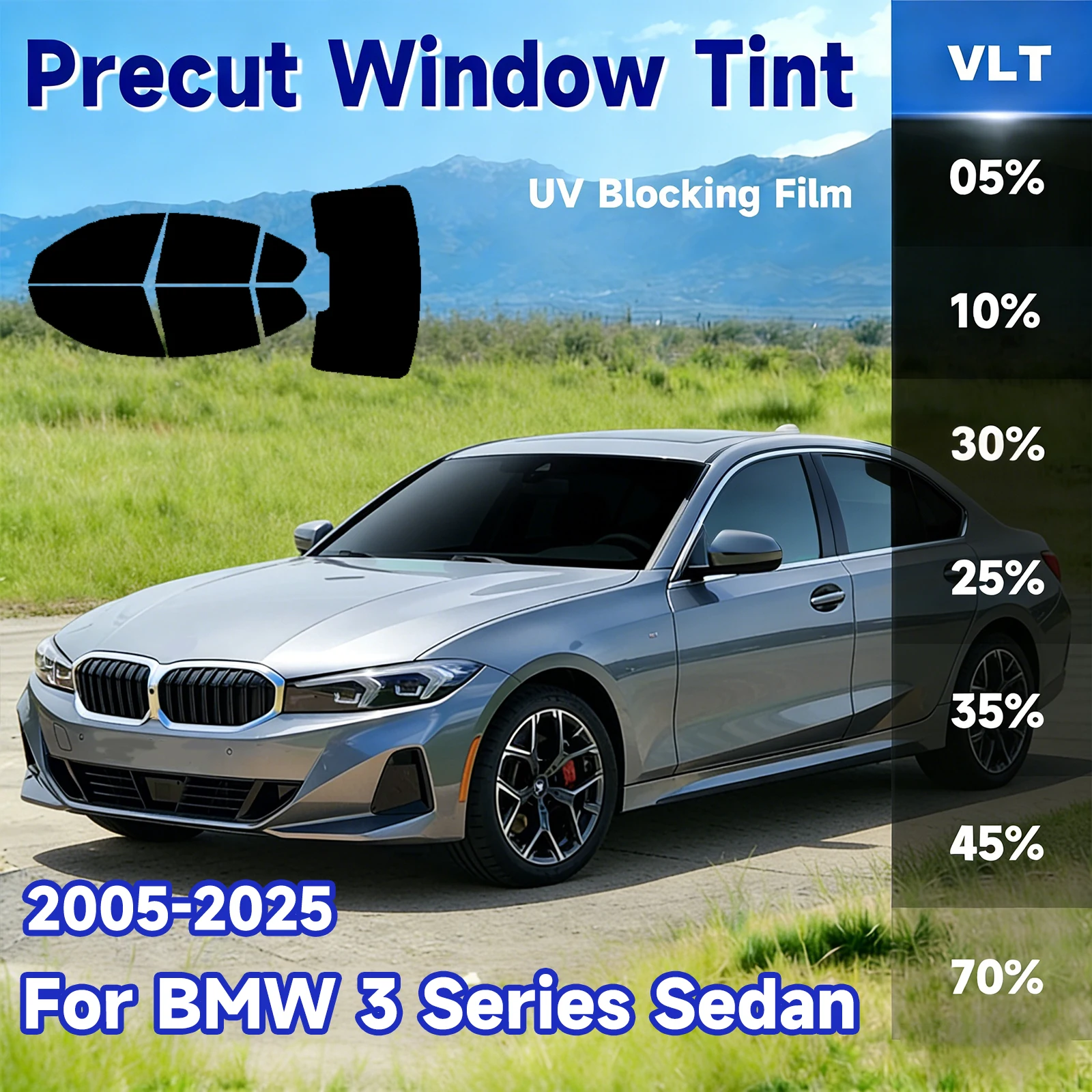 Precut Window Tint Film Sun Blocking Protection Privacy Anti Shatter Glass 2 Ply Film Shade Kit for Bmw 3 Series Sedan 2005-2025