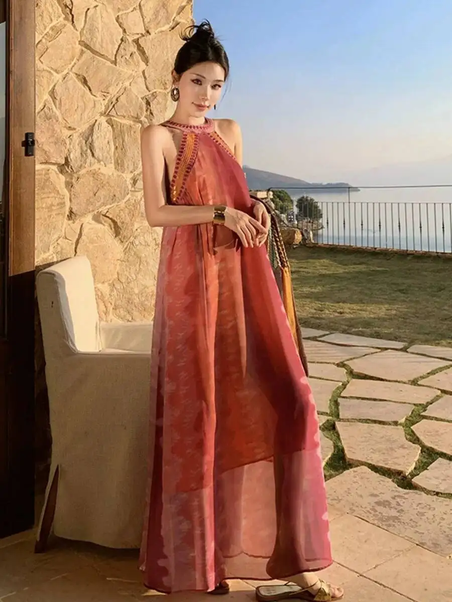 Tie-dye Shiny SequinLoose Sleeveless Dresses Sleeveless Lady Casual Dress Autumn Summer Beach Bohemia Chiffon Dresses Women