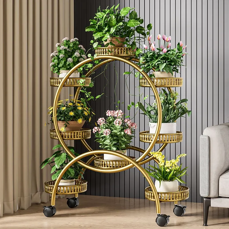 Flower Rack Living Room Floor Standing Balcony Flower Multi-layer Circular with Wheel Mobile Iron Storage Rack Flower Basin