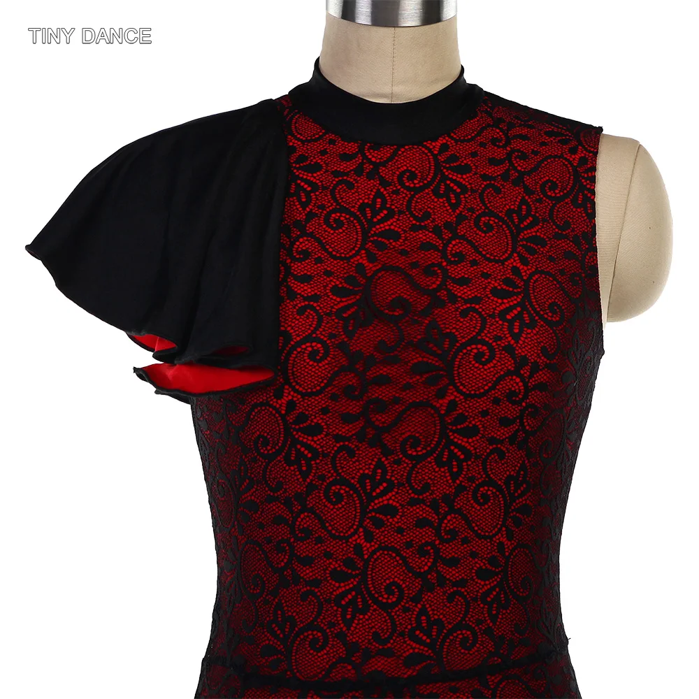 Traje de actuación de danza lírica o contemporánea para niños y adultos Corpiño de leotardo de spandex rojo con pantalones de encaje negro 26126