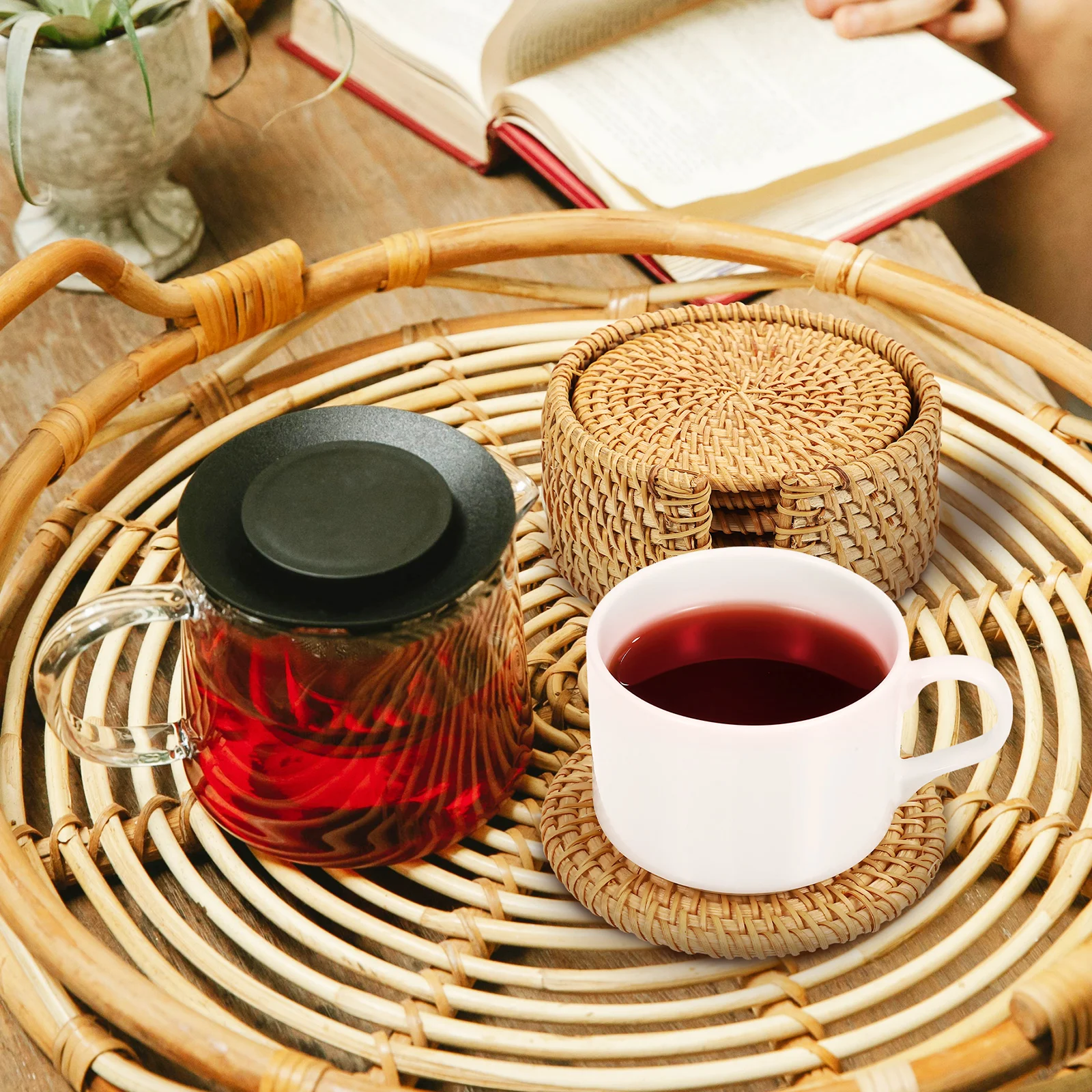 

6 Round Rattan Coasters Light Brown 10cm Set Coaster Holder Rustic Ambiance Table Protection Drinks Outdoor Cup Mats