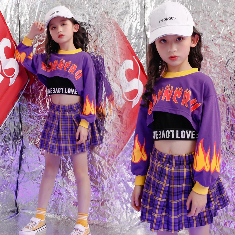

Girls Hip Hop Crop Sweatshirt Plaid Mini Skirt Clothing Sets Kids Purple Outfit Child Jazz Street Dance Teen Costumes Streetwear