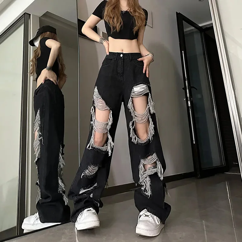 Black Ripped Jeans Women Fashion Dark Academic Harajuku Y2K Irregular Pants American Loose Chic Gothic Bf Casual Demin Trousers