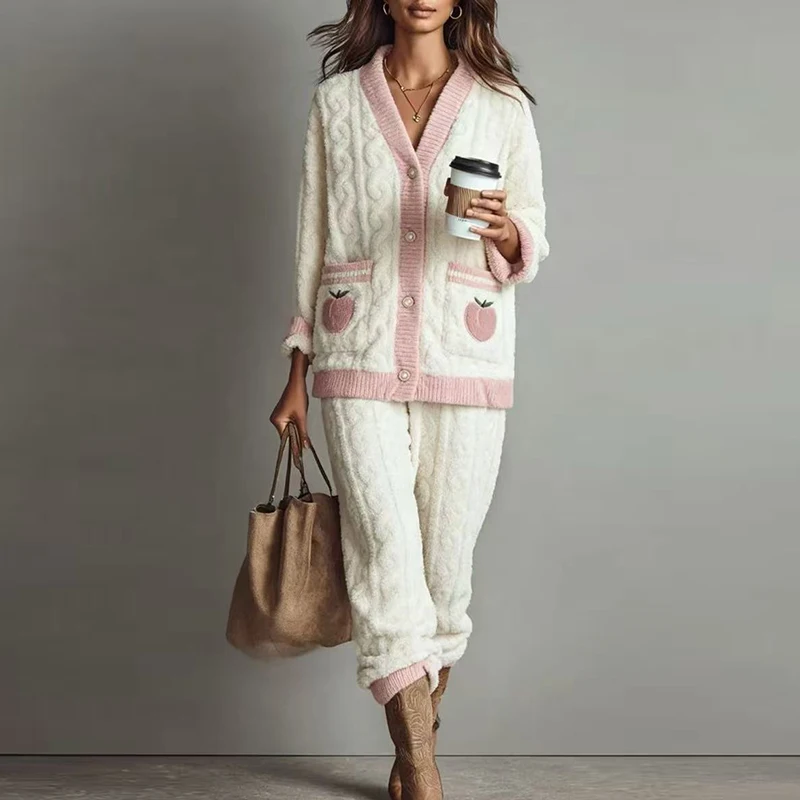 

Повседневный топ и брючный костюм с v-образным вырезом и длинными рукавами, новая домашняя одежда для сна с принтом, осенне-зимний толстый плюшевый женский комплект из двух предметов