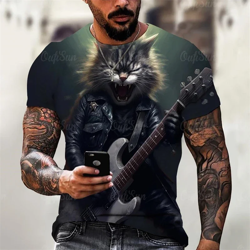 

Summer Fashion Short Sleeve Cool 3D Animals Printed Mens T-shirts Casual Streetwear Tees Trend Rock Guitar Cat Graphics T Shirts