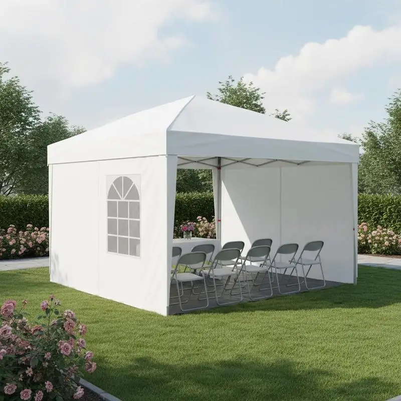 Tonnelle pop-up carrée blanche 2,95×2,95 m instantanée anti-UV UPF50+ Structure en fer robuste, toile Oxford 210D livrée avec 3 parois et 2 fenêtres ventilées, montage rapide, résistante au vent, idéale pour jardin, fêtes et manifestations en extérieur.