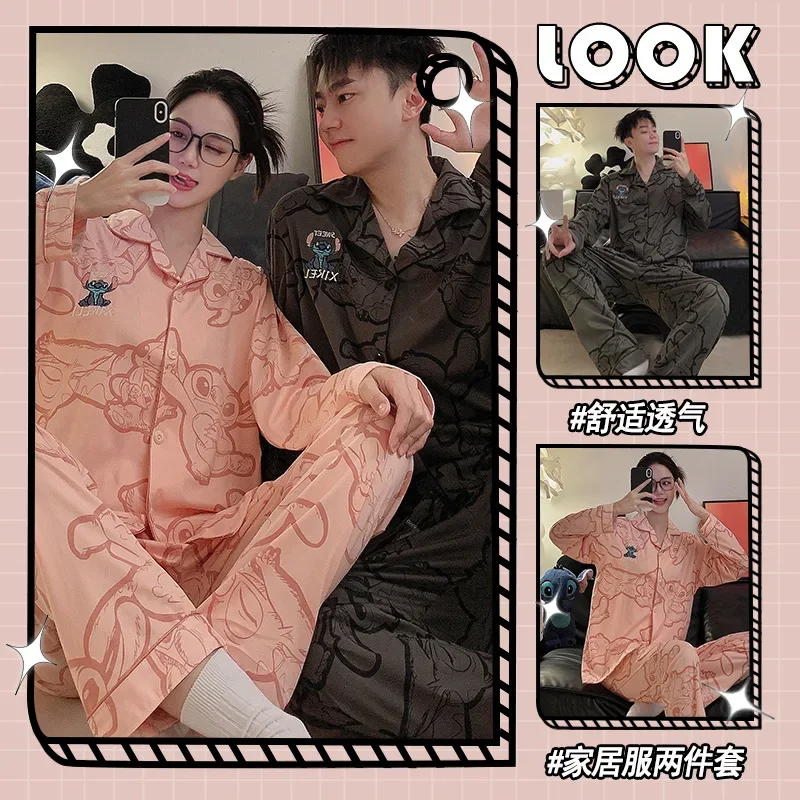 

2pcs Stitch Long Sleeved Homewear Pyjama Cartoon Christmas Crayon Couple Pajamas Set Spring Autumn Man Woman Casual Clothes Gift