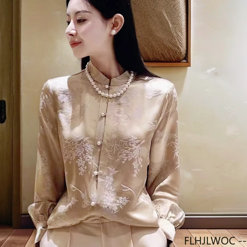 Chinese Style Chi-pao Collar Design Tops Blouses Woman New 2024 Long Sleeve Autumn Retro Vintage Button Basic Champagne Shirts