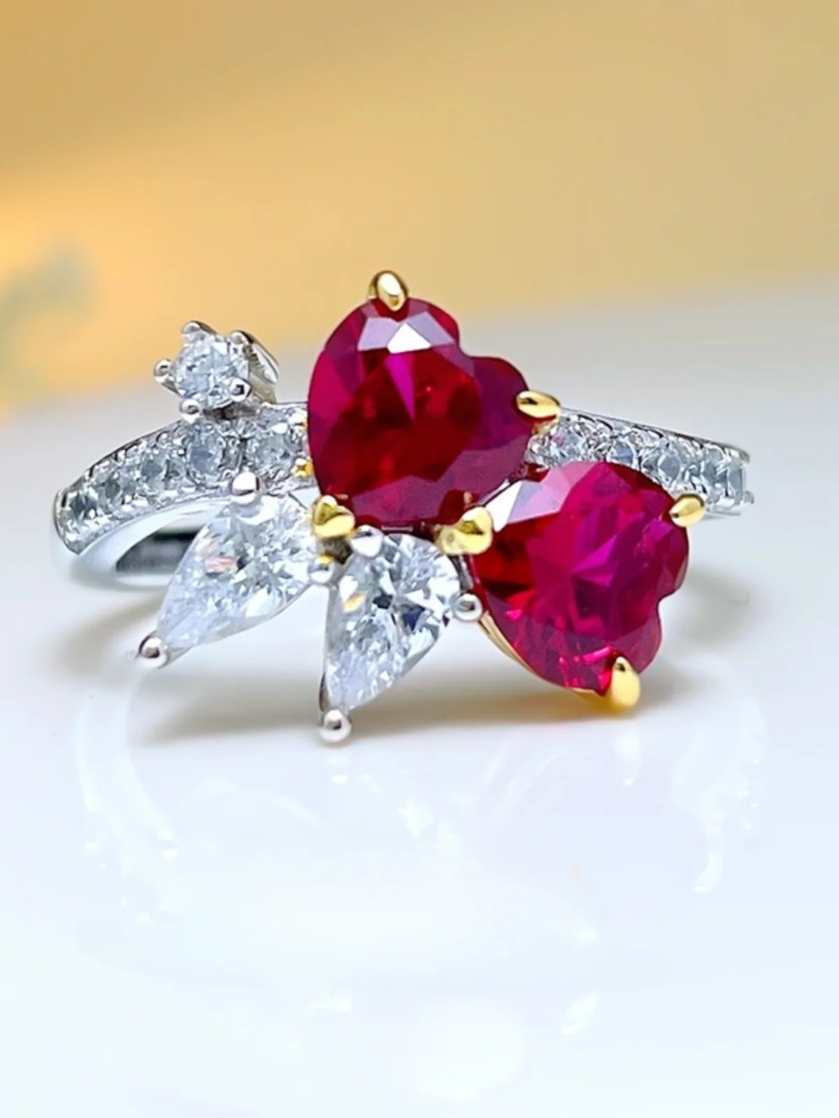 1 carat pigeon blood ruby double heart ring set, high-end new style,sweet and fashionable trend, 925 sterling silver hot selling