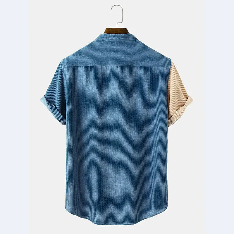 Summer Fashion Splicing Youth Shirt Men's Corduroy Stand-Up Collar Striped Short Sleeves