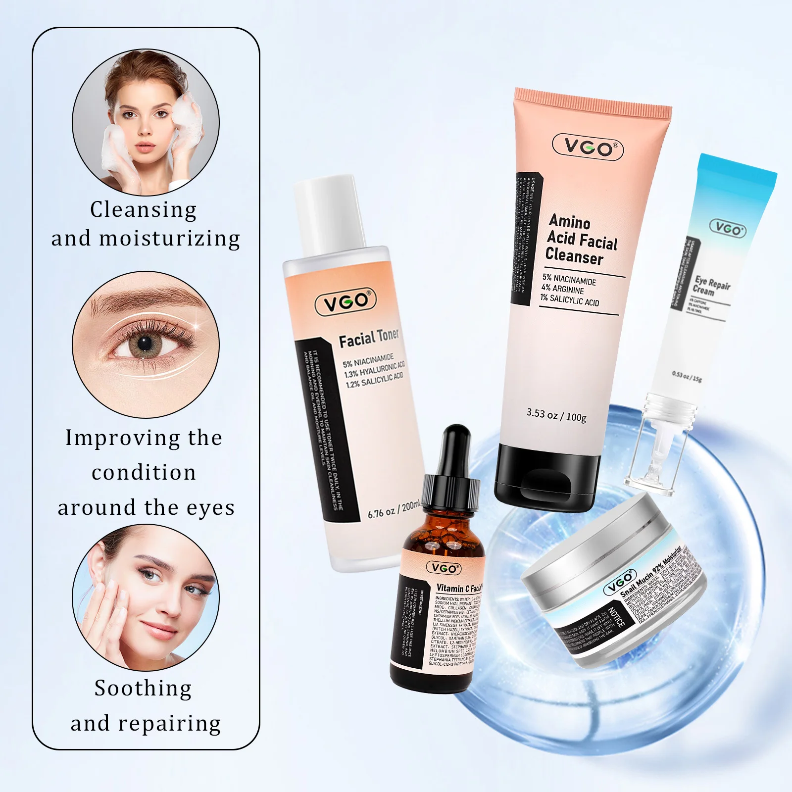 VGO 5 Buah Set Perawatan Kulit Pembersih Toner Krim Mata Serum VC Krim Siput Anti Penuaan Pemutih Hidrasi Perbaikan Kulit untuk Jenis Kulit