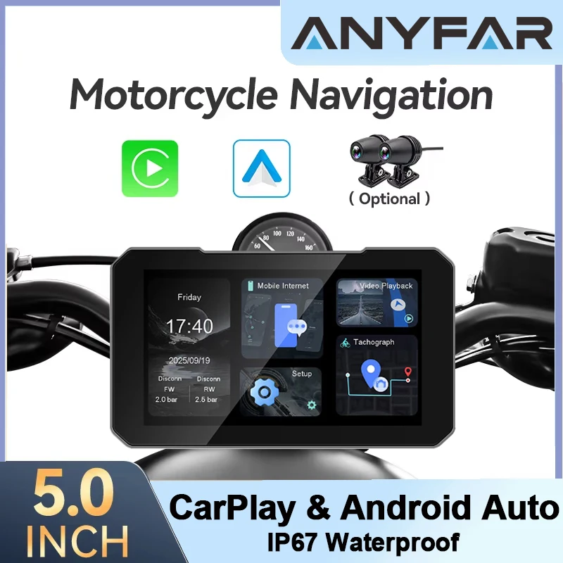 

5" Motorcycle Navigation GPS Wireless Carplay&Android Auto Moto Monitor IPX67 Waterproof Display Dual Bluetooth