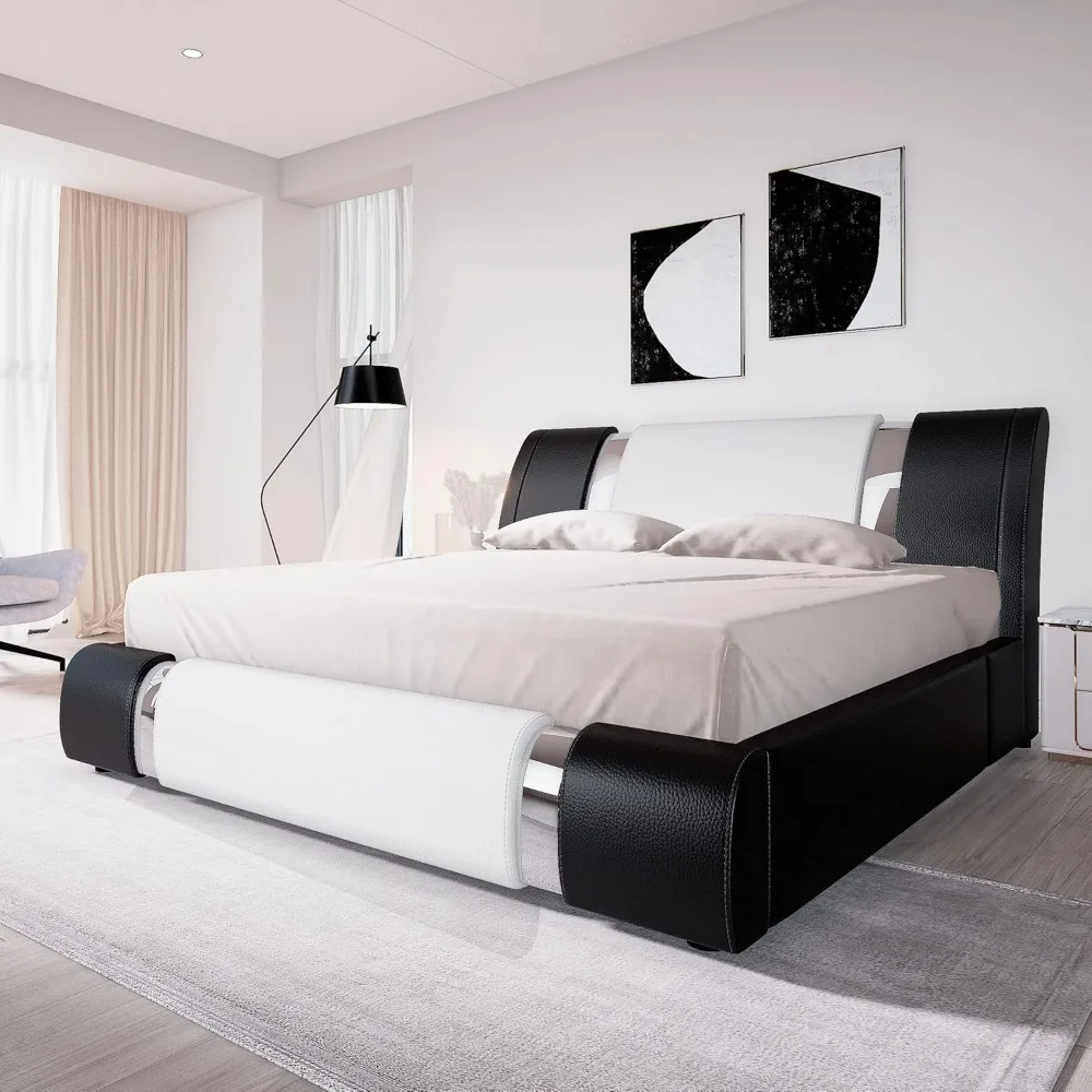 

Allewie Queen Bed Frame with Iron Piece Decor, Faux Leather Upholstered Platform Bed with Adjustable Headboard & Strong Wooden S