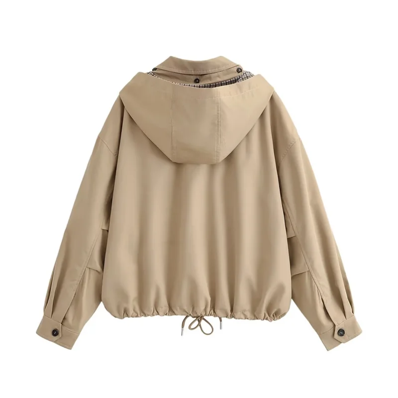 2026 Neue Damen Khaki Kapuzenjacke Langarm Reißverschluss Oversized Locker Lässige Oberbekleidung Damenmantel Langarm Reißverschluss-Design – Detail 4