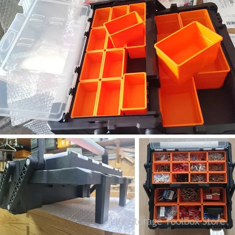 Duża plastikowa skrzynka narzędziowa, organizer na narzędzia, pojemnik na części, przechowywanie śrub, akcesoria metalowe, szuflada do przechowywania narzędzi.