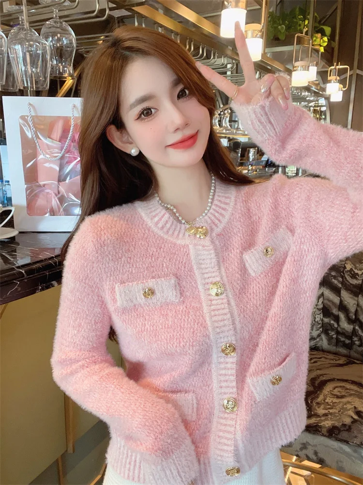 Pink Sweet Women Sweater Streetwear Autumn Fashion Cotton Elegant Casual Simple Office Ladies Knitted Sweater Cardigan