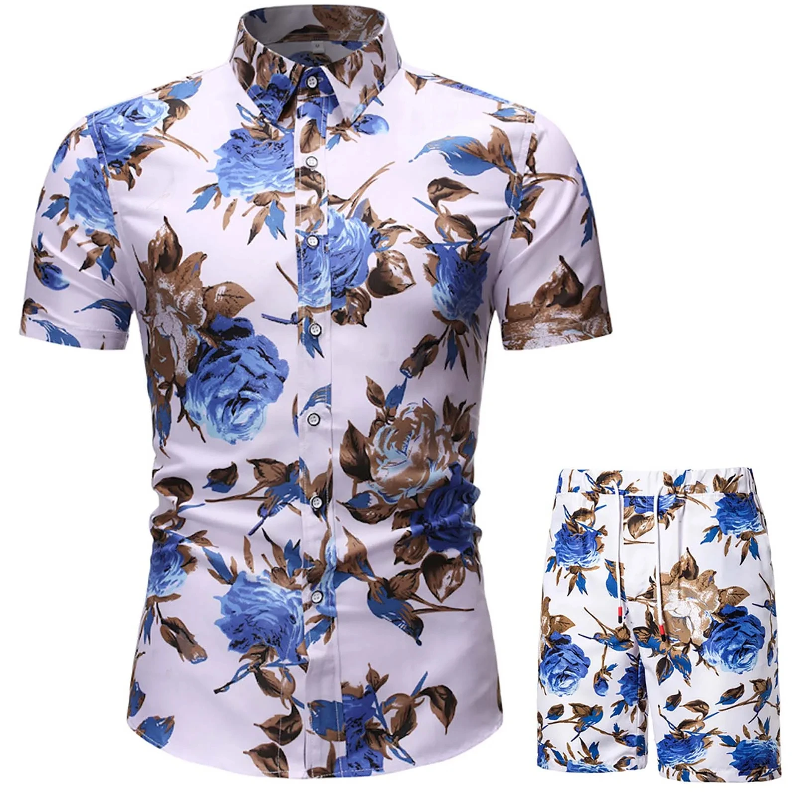 3D Full Print Rose Flower Pattern Men's Short-Sleeved Shirt Set Daily Street Trend Outfit Outdoor Loose Comfortable Men Clothing