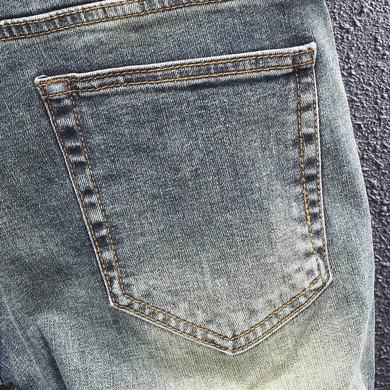 Y2K ファッション 新しいジーンズ しわ、傷、刺繍、ウォッシュ加工、ノスタルジック、伸縮性、痩身、レトロ、イエロー ブルー ジーンズ