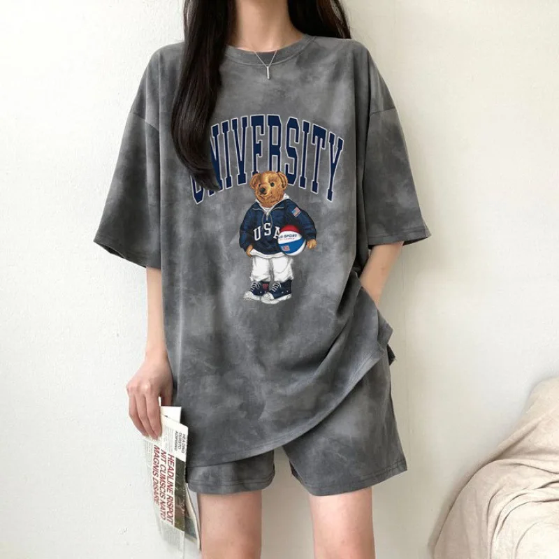 Short-Sleeved T-Shirt Pajamas Two-Piece Suit Female Large Size 3xl Cartoon Bear Short-Sleeved Shorts Ladies Fashion Loungewear