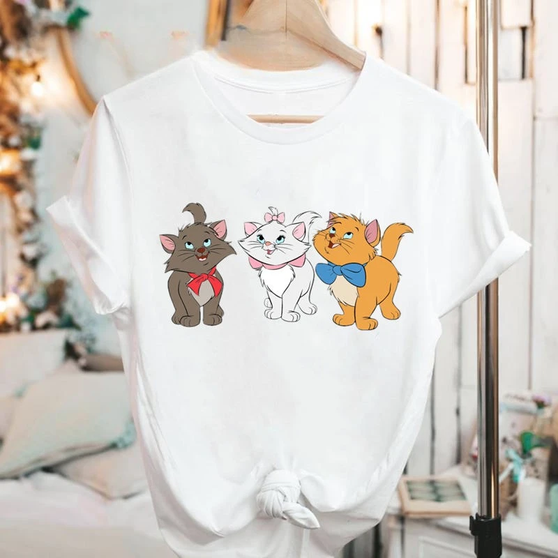 

Японская летняя благородная белая футболка с рисунком Marie Cat Kawaii с короткими рукавами, женская свободная модная повседневная футболка в консервативном стиле