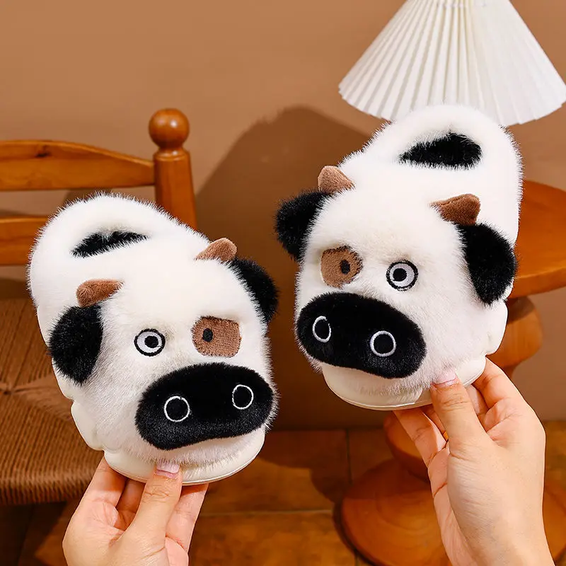 الفتيات شتاء جديد دافئ فروي لطيف البقرة تصميم الاطفال إيفا النعال سميكة وحيد عدم الانزلاق الوالدين الطفل أحذية قطنية للاستخدام المنزلي #5