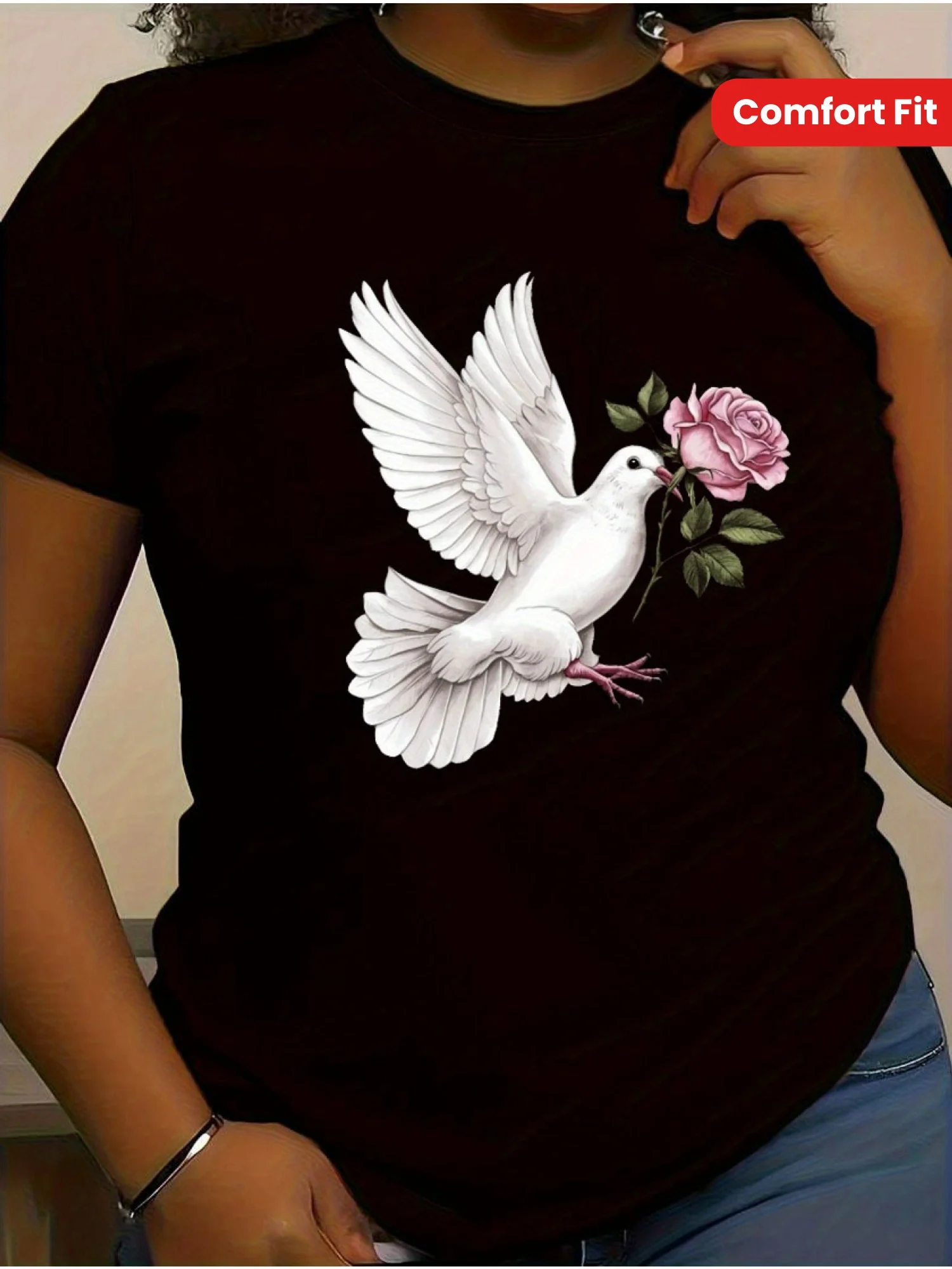 

Футболка женская Dove Rose, комфортная посадка, 100% хлопок, стандартный крой, короткий рукав, круглый вырез, повседневный топ для взрослых